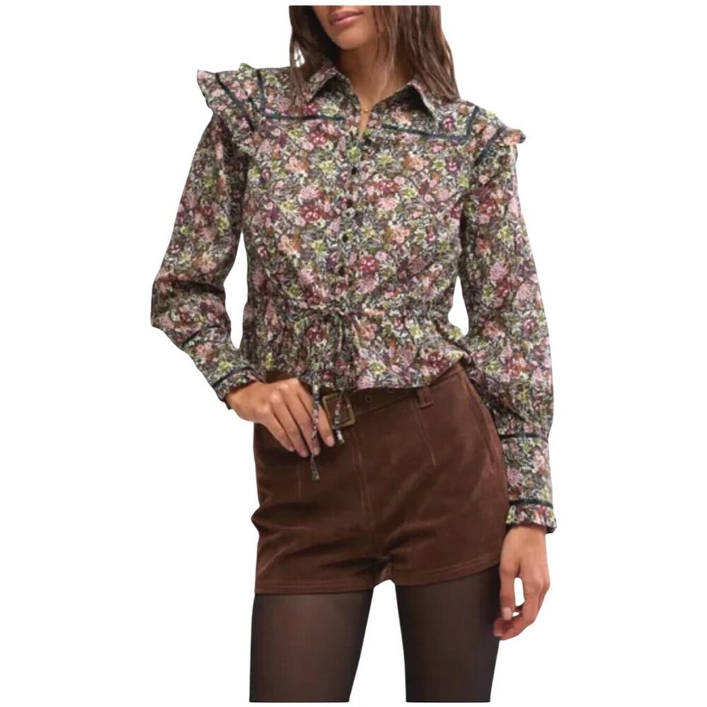 Free People Daybreak Floral Print Long Sleeve Shirt With Ruffle Details Large